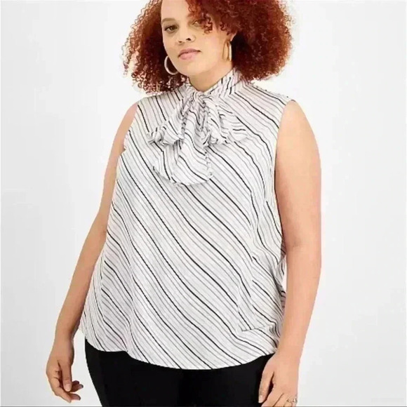 Bar III Bias Striped Tie-Neck Blouse 1x & 2x - Picture 1 of 3